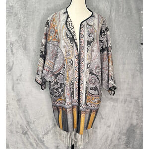 J. McLaughlin Gia Reversible Open Front Wool Poncho Fringe M/L Faux Leather Trim